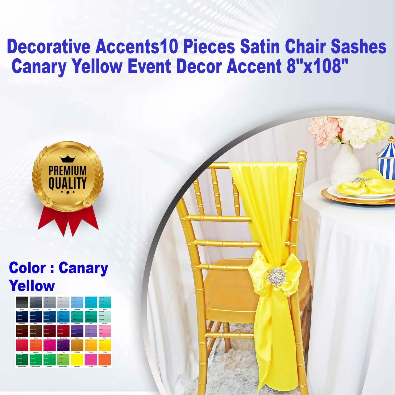 Decorative Accents 10 Pieces Satin Chair Sashes Canary Yellow Event Decor Accent 8"x108"